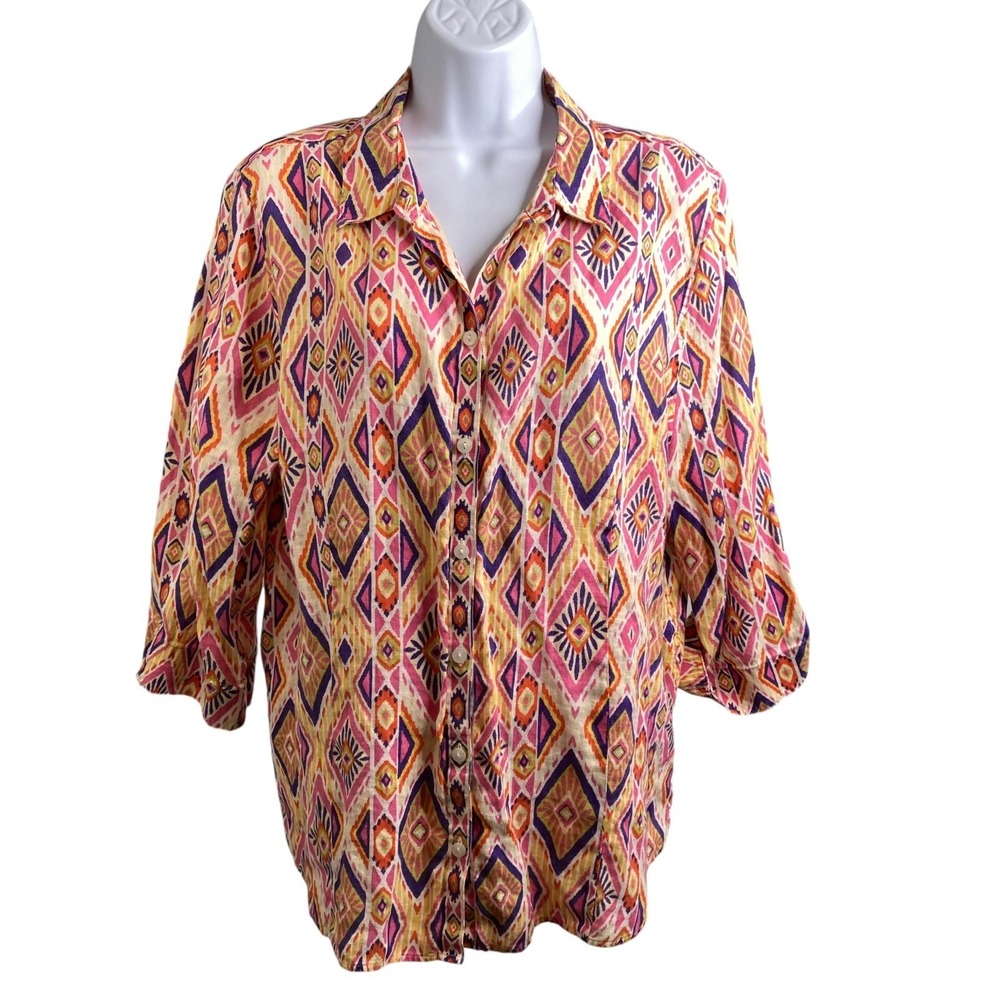 Chico's‎ Women's No Iron Linen Groovy Aztec Print Button Up Shirt Size 3 XL Boho